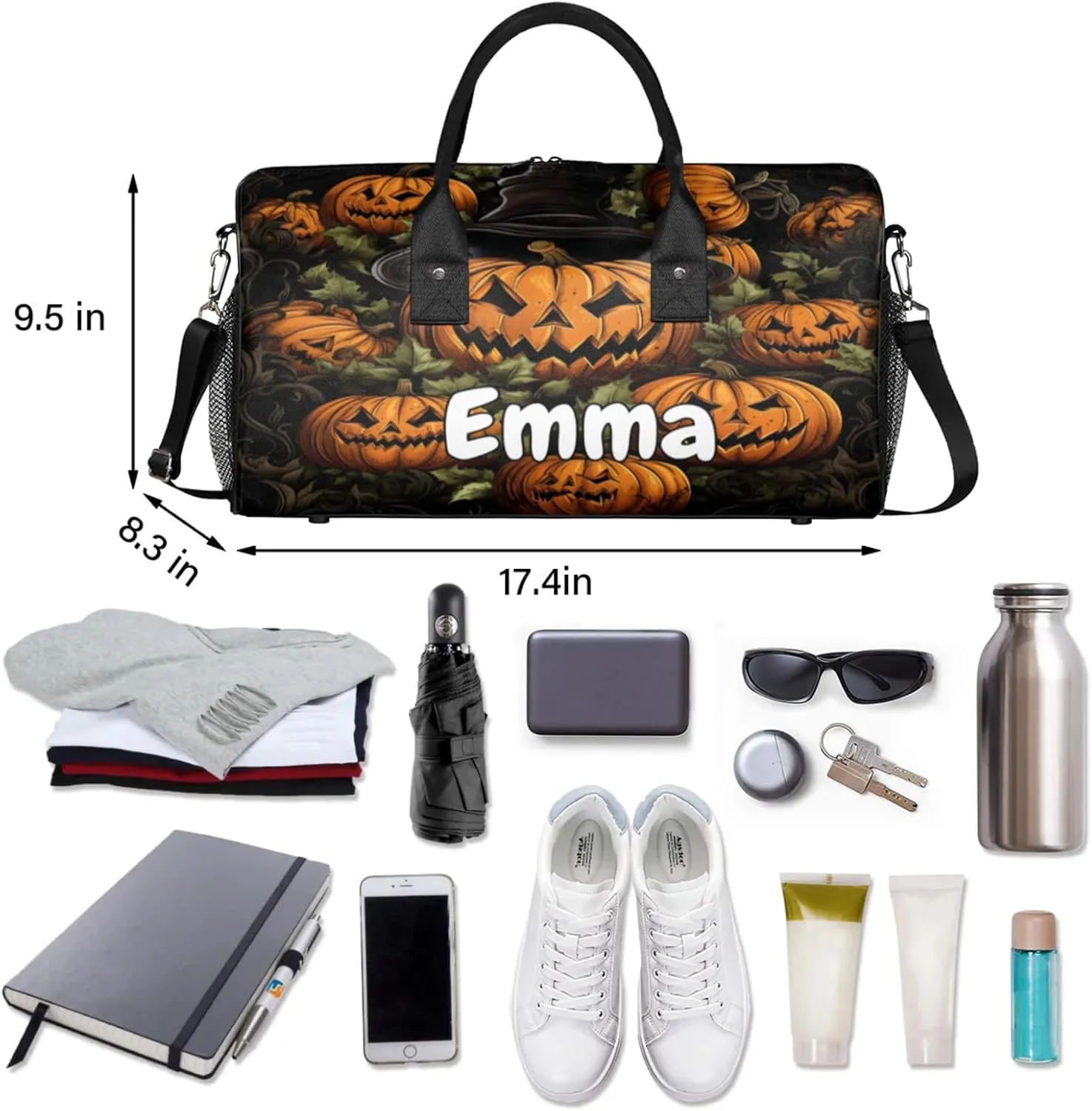 Personalized Ghost Pumpkin Travel Duffel Bag with Name, Custom Gym Sport Bag Halloween Carry On Weekend Overnight Duffel Bag for Men Women