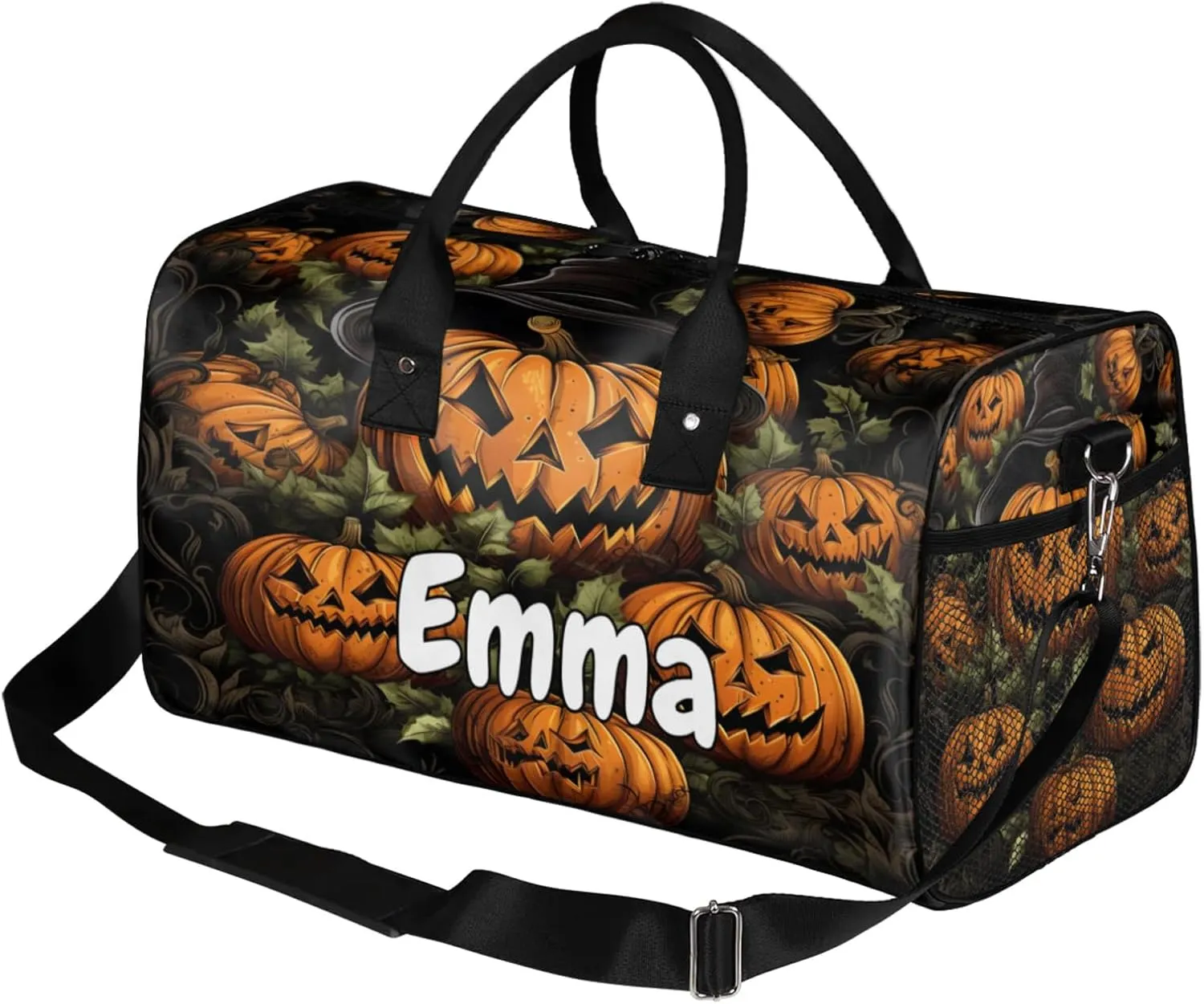 Personalized Ghost Pumpkin Travel Duffel Bag with Name, Custom Gym Sport Bag Halloween Carry On Weekend Overnight Duffel Bag for Men Women