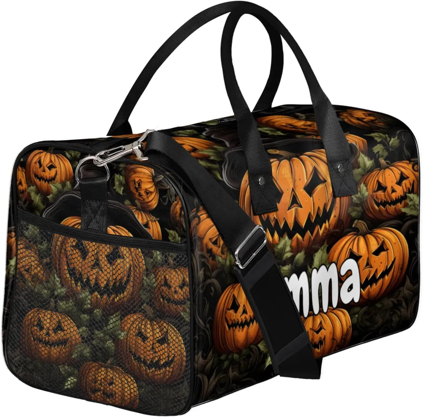 Personalized Ghost Pumpkin Travel Duffel Bag with Name, Custom Gym Sport Bag Halloween Carry On Weekend Overnight Duffel Bag for Men Women