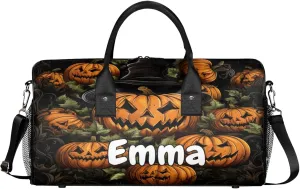 Personalized Ghost Pumpkin Travel Duffel Bag with Name, Custom Gym Sport Bag Halloween Carry On Weekend Overnight Duffel Bag for Men Women