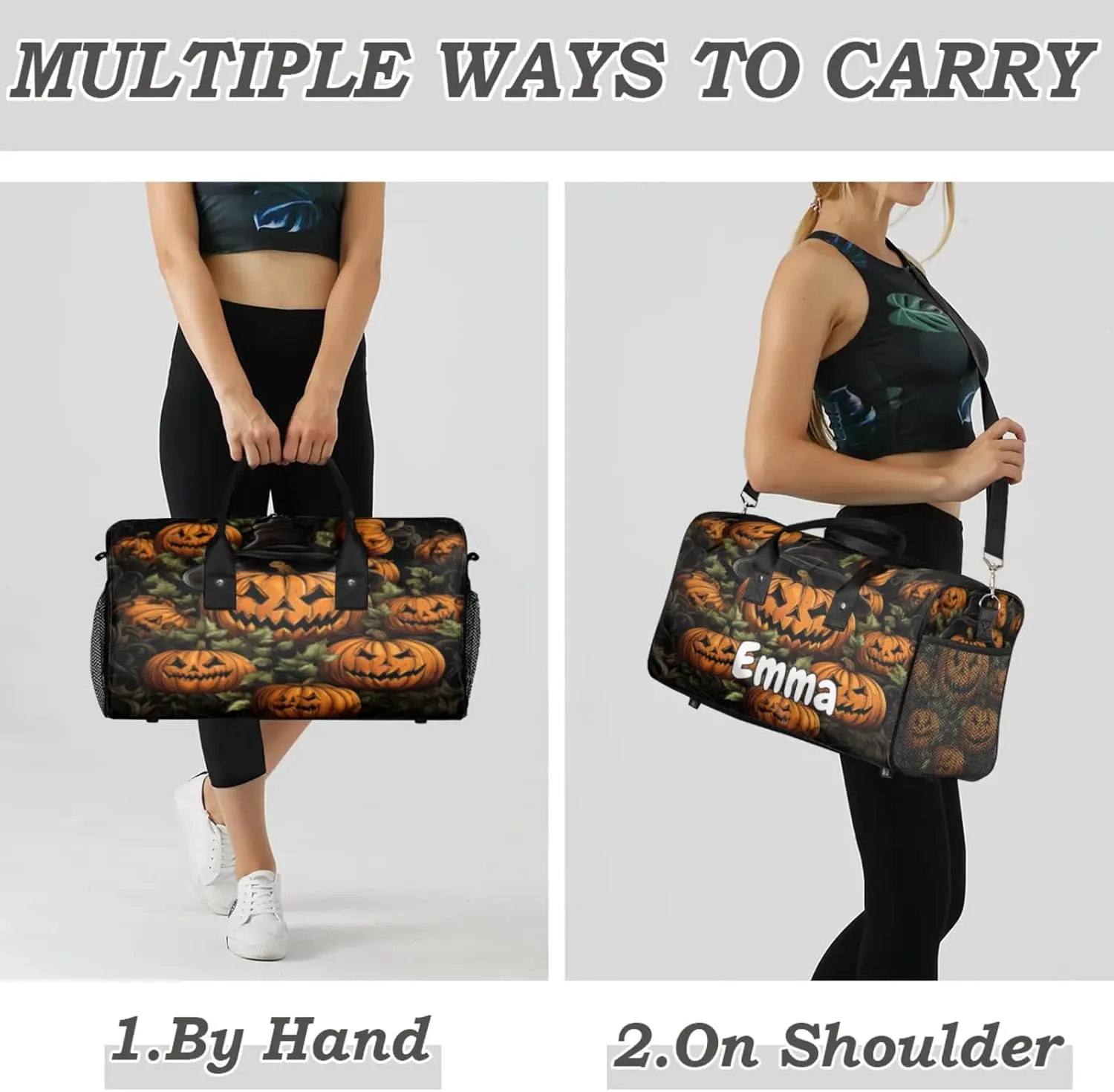 Personalized Ghost Pumpkin Travel Duffel Bag with Name, Custom Gym Sport Bag Halloween Carry On Weekend Overnight Duffel Bag for Men Women