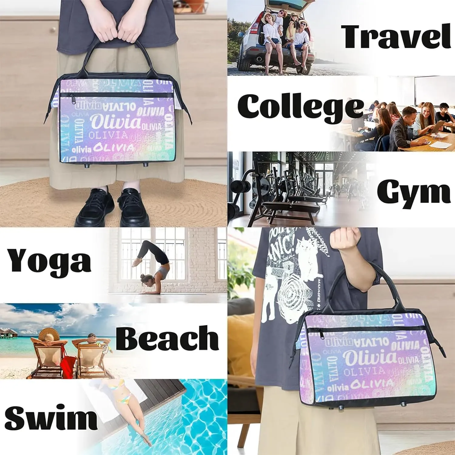 Personalized Gym Duffel Bag with Name Custom Travel Sports Bag for Women Men Waterproof Dance Ballet Bag Lightweight 15.2in, Gradient Blue Purple
