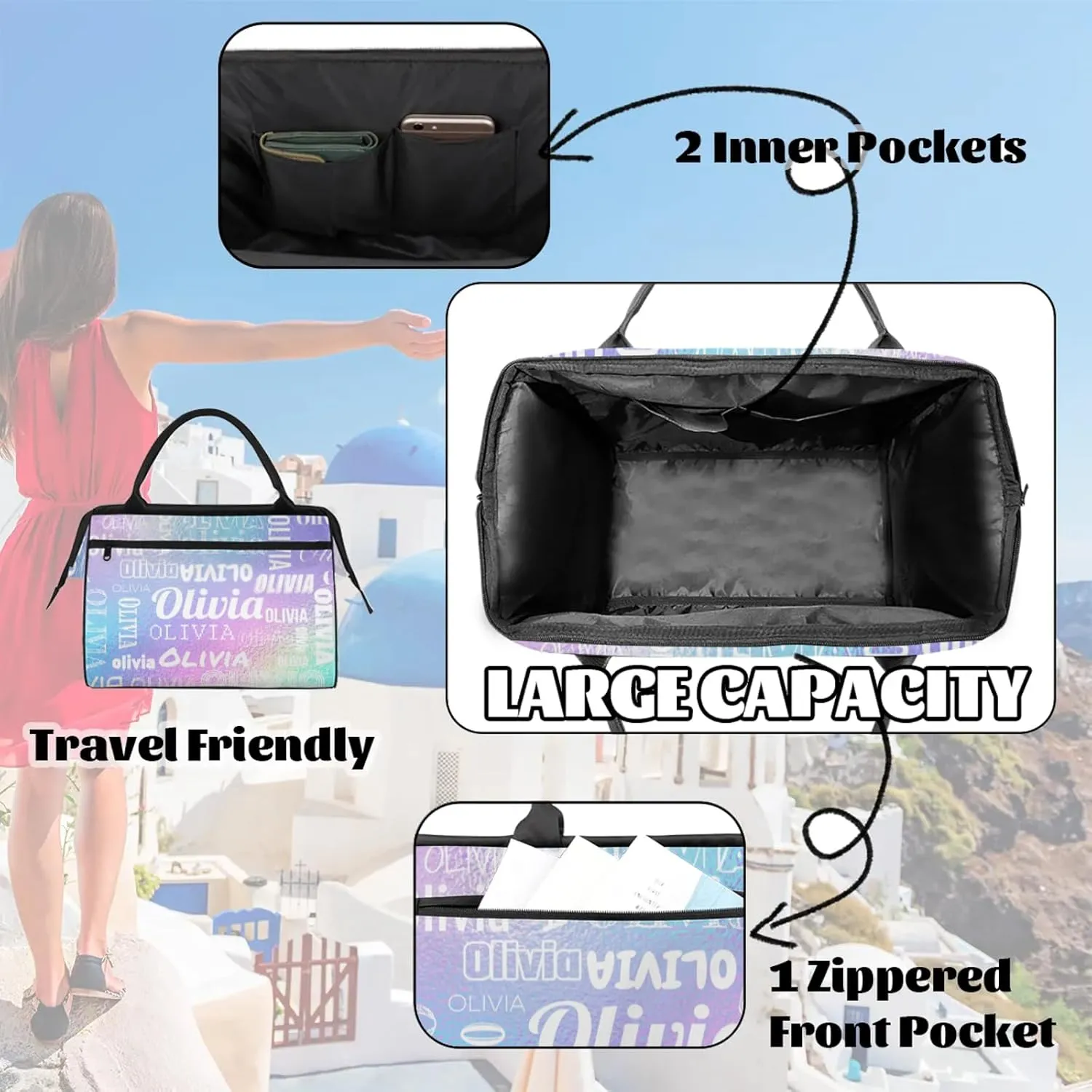 Personalized Gym Duffel Bag with Name Custom Travel Sports Bag for Women Men Waterproof Dance Ballet Bag Lightweight 15.2in, Gradient Blue Purple