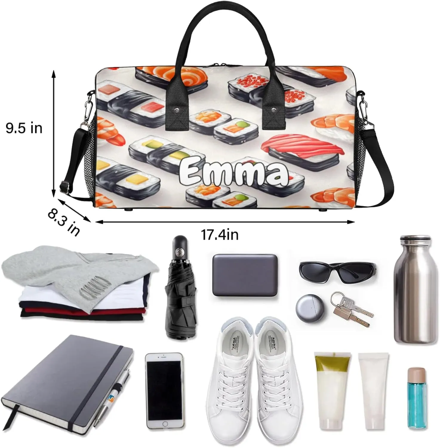 Personalized Kawaii Sushi Food Travel Duffel Bag with Name, Custom Gym Sport Bag Cartoon Funny Carry On Weekend Overnight Duffel Bag for Men Women