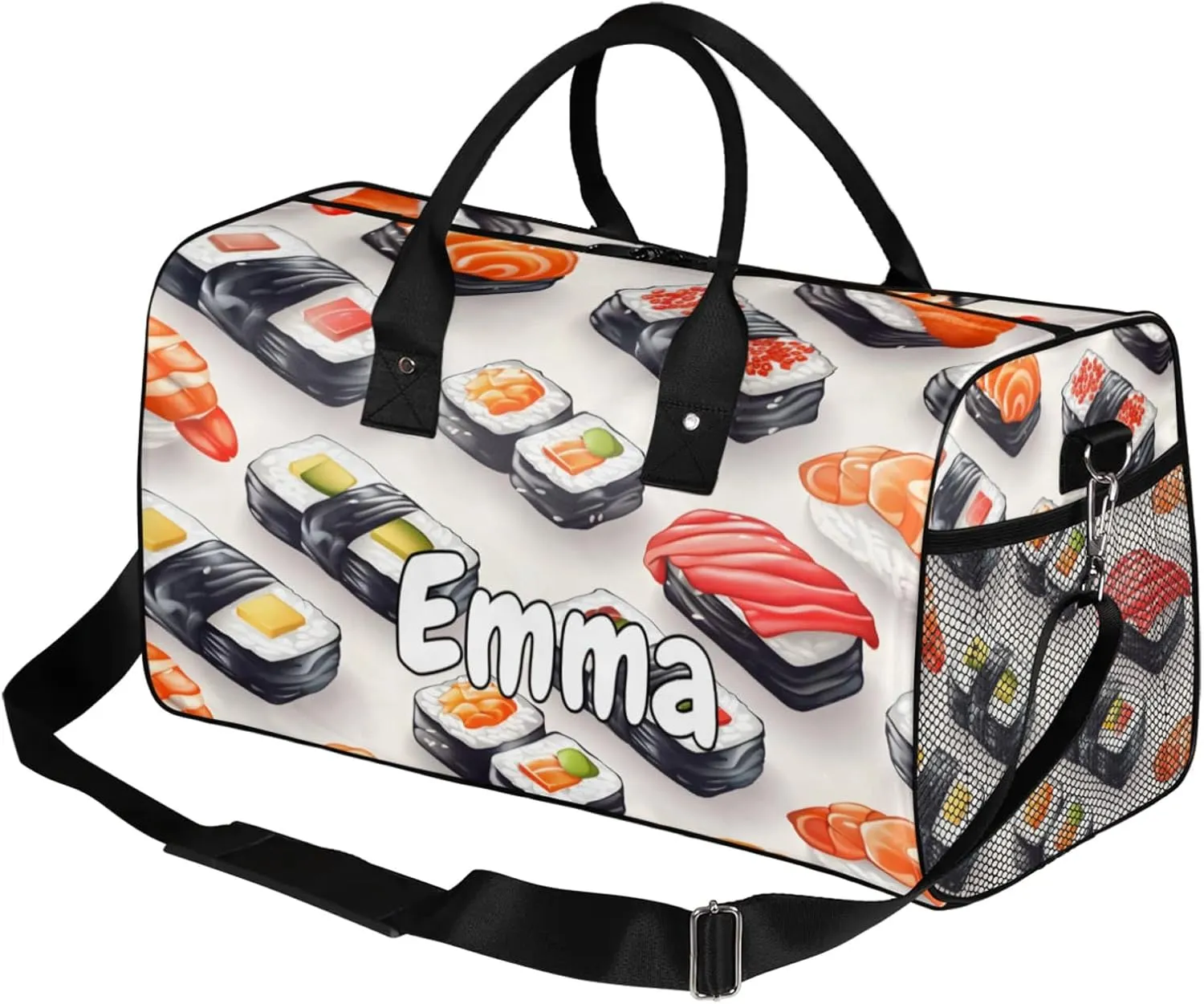 Personalized Kawaii Sushi Food Travel Duffel Bag with Name, Custom Gym Sport Bag Cartoon Funny Carry On Weekend Overnight Duffel Bag for Men Women