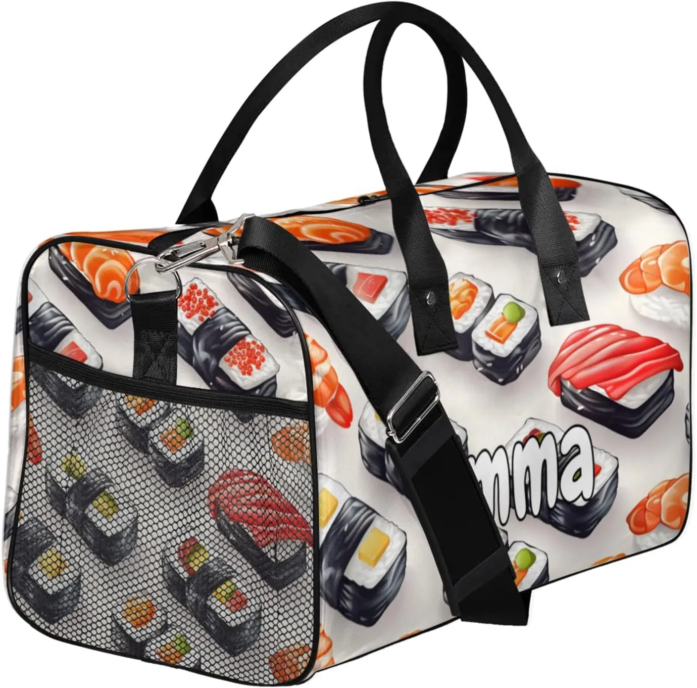 Personalized Kawaii Sushi Food Travel Duffel Bag with Name, Custom Gym Sport Bag Cartoon Funny Carry On Weekend Overnight Duffel Bag for Men Women