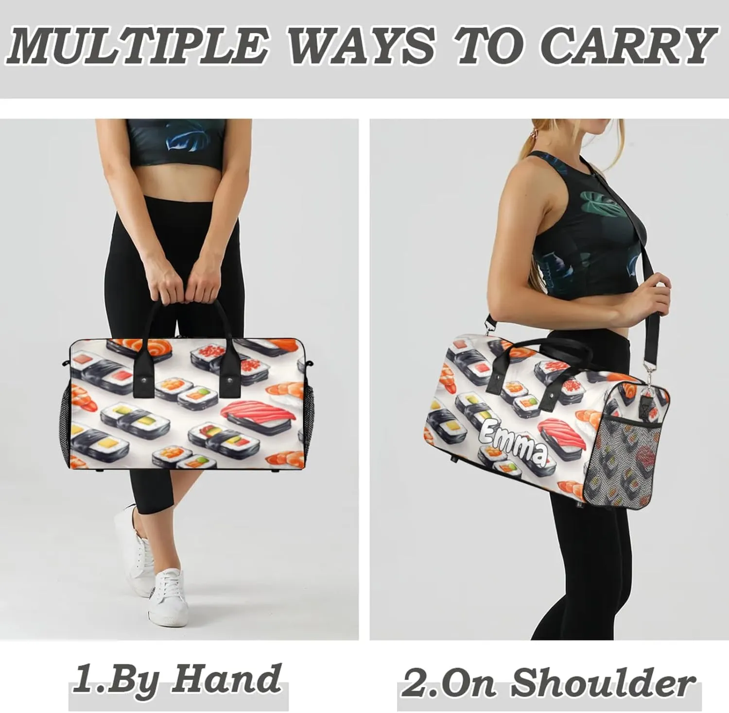 Personalized Kawaii Sushi Food Travel Duffel Bag with Name, Custom Gym Sport Bag Cartoon Funny Carry On Weekend Overnight Duffel Bag for Men Women