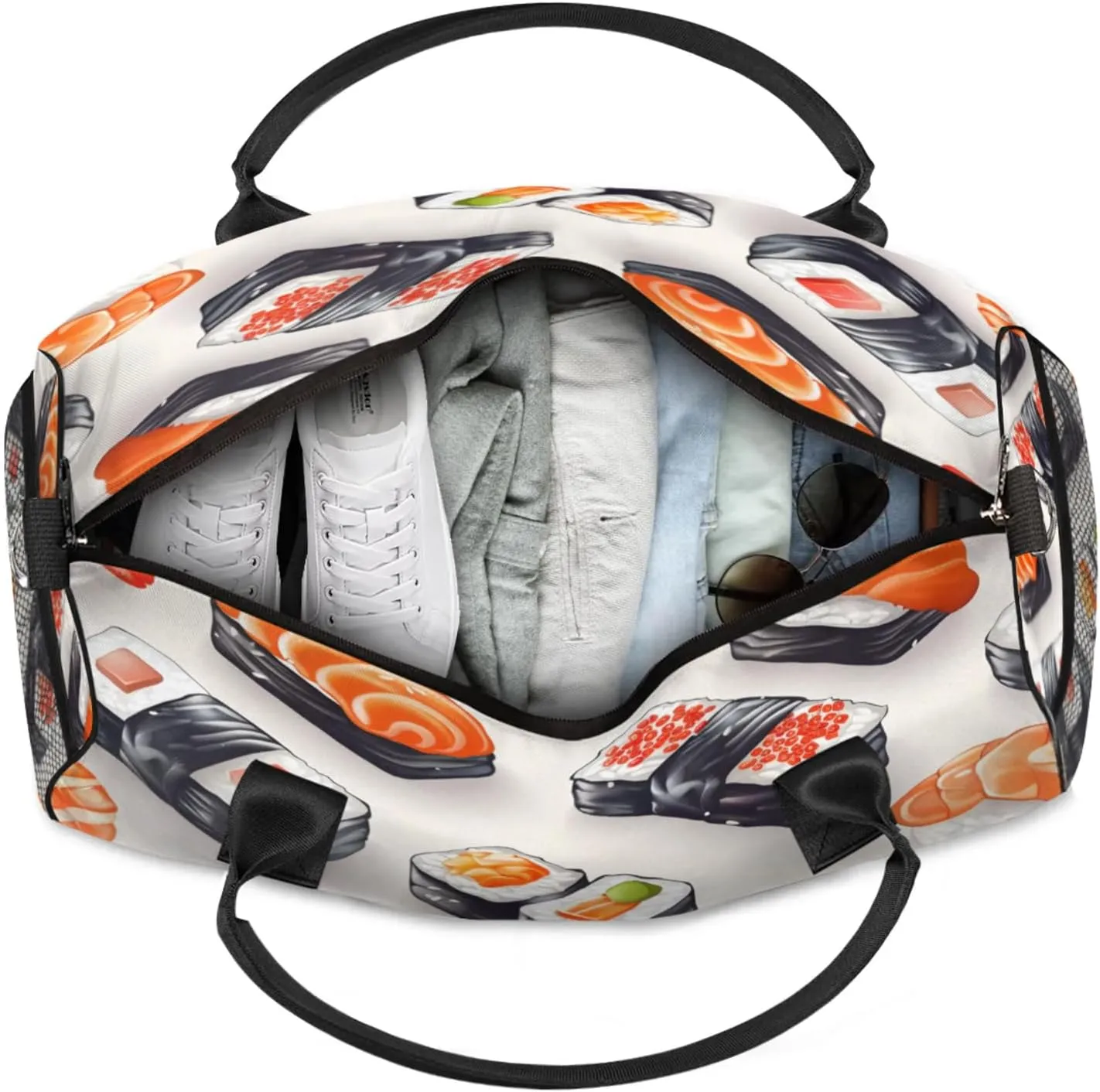 Personalized Kawaii Sushi Food Travel Duffel Bag with Name, Custom Gym Sport Bag Cartoon Funny Carry On Weekend Overnight Duffel Bag for Men Women