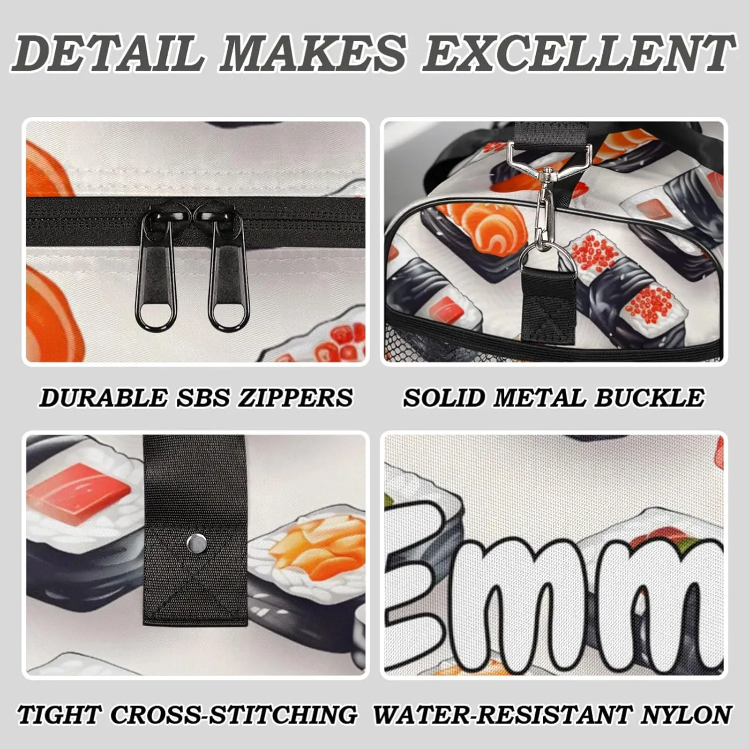Personalized Kawaii Sushi Food Travel Duffel Bag with Name, Custom Gym Sport Bag Cartoon Funny Carry On Weekend Overnight Duffel Bag for Men Women