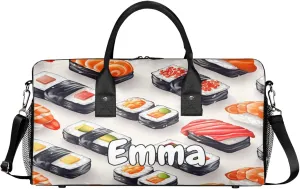 Personalized Kawaii Sushi Food Travel Duffel Bag with Name, Custom Gym Sport Bag Cartoon Funny Carry On Weekend Overnight Duffel Bag for Men Women