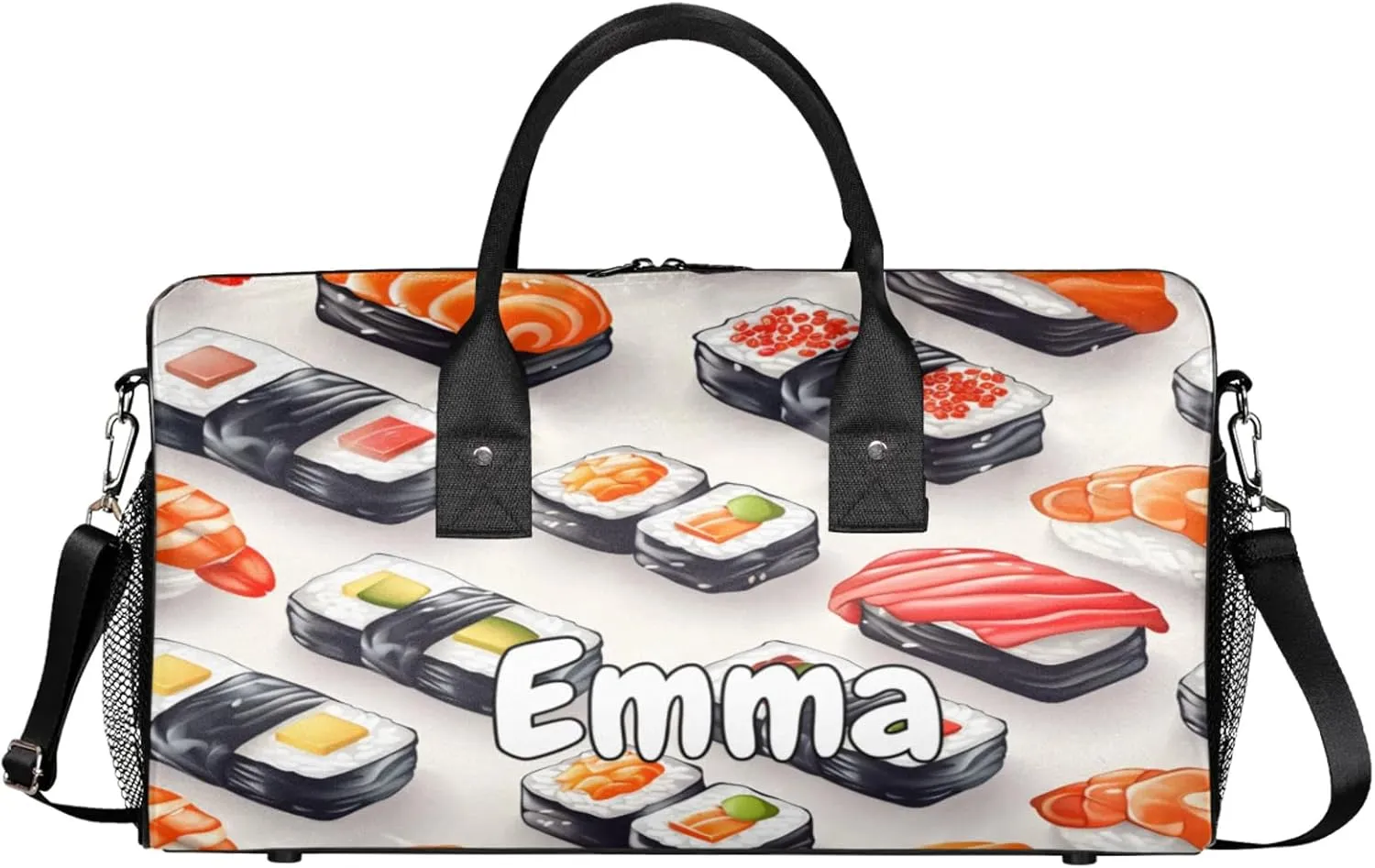 Personalized Kawaii Sushi Food Travel Duffel Bag with Name, Custom Gym Sport Bag Cartoon Funny Carry On Weekend Overnight Duffel Bag for Men Women