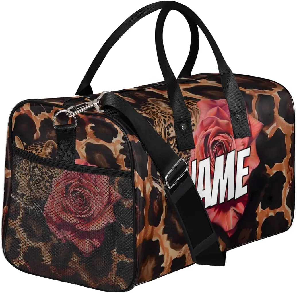 Personalized Leopard Rose Travel Duffel Bag with Name, Custom Gym Sport Bag Animal Skin Carry On Weekend Overnight Duffel Bag for Men Women