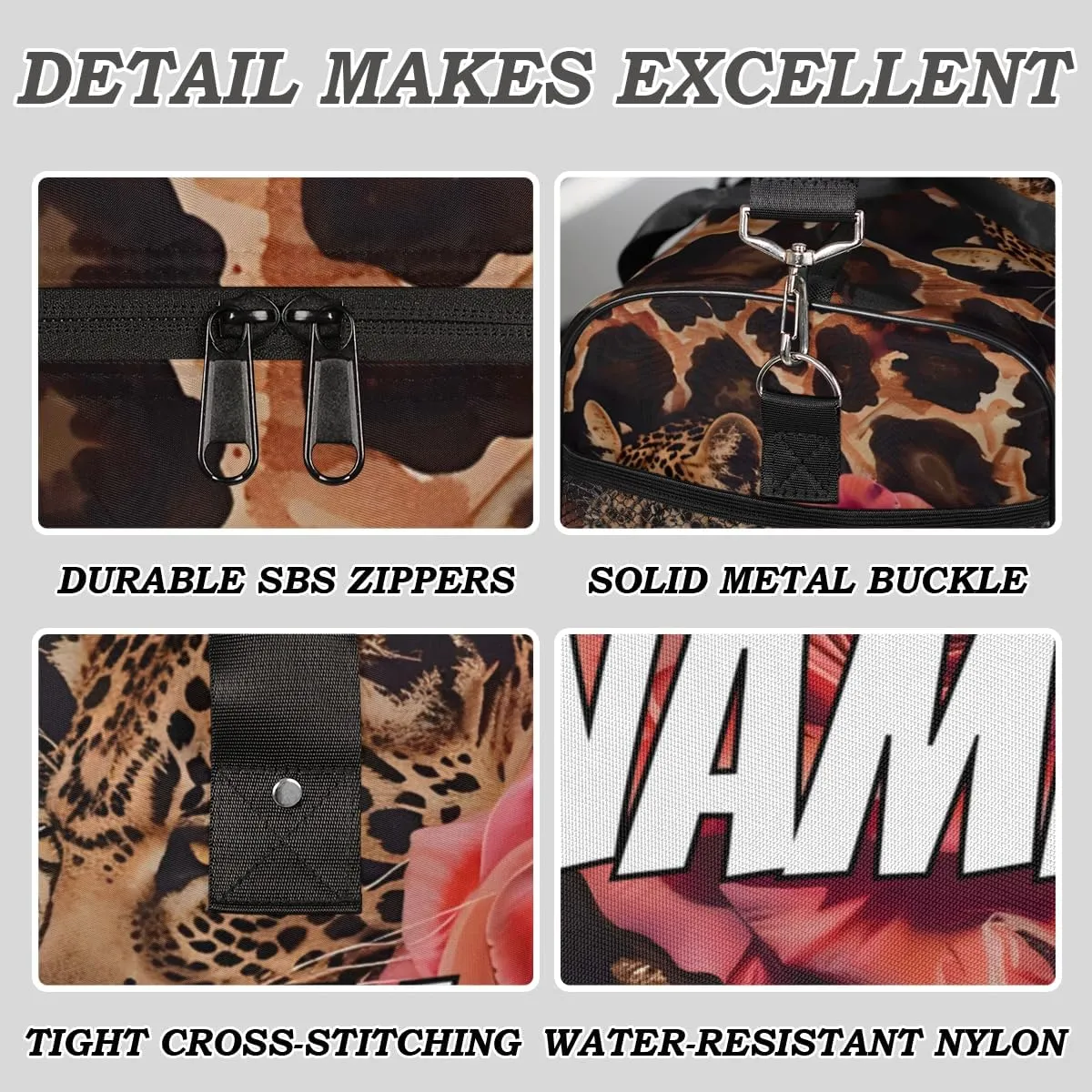 Personalized Leopard Rose Travel Duffel Bag with Name, Custom Gym Sport Bag Animal Skin Carry On Weekend Overnight Duffel Bag for Men Women