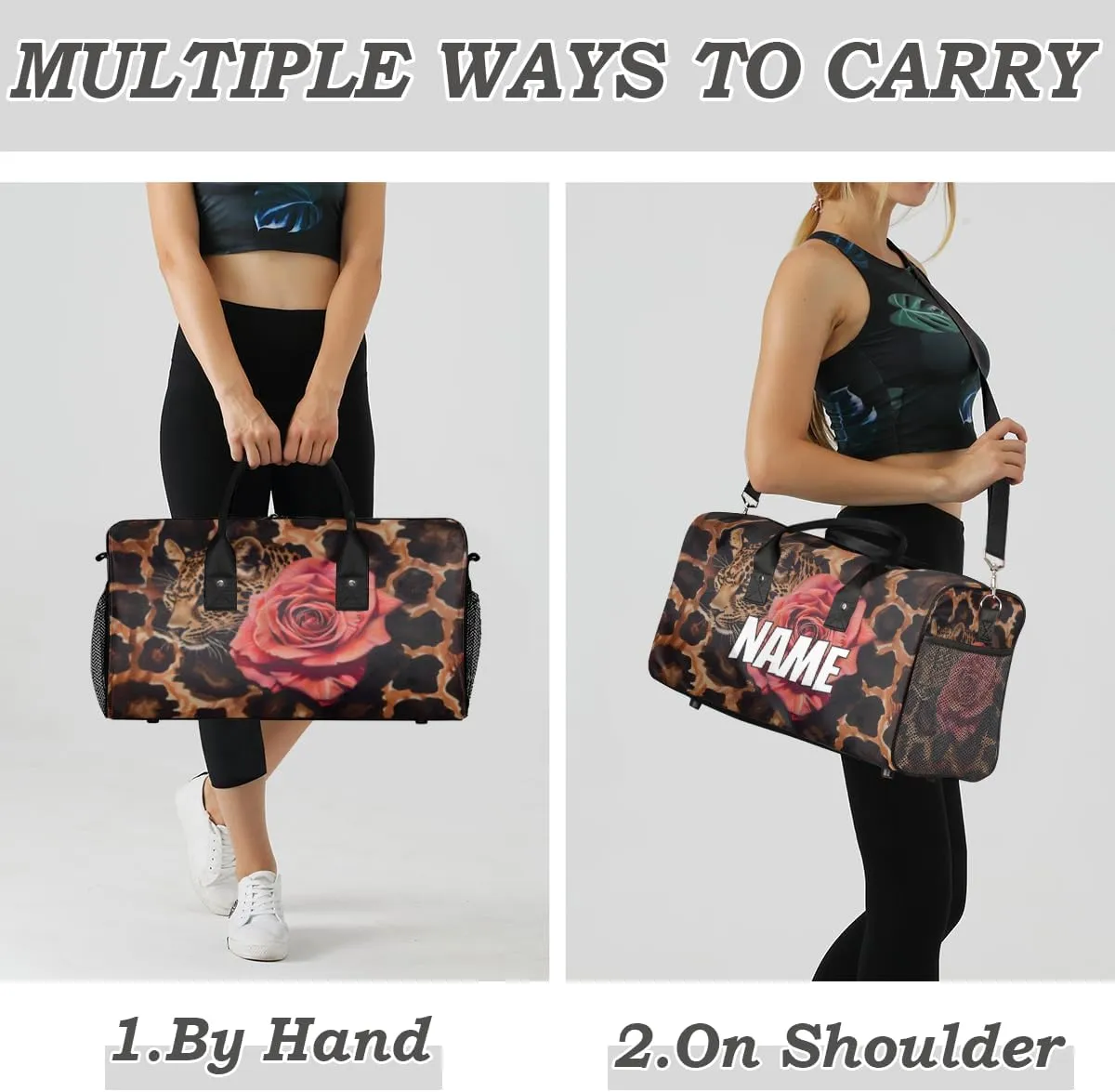 Personalized Leopard Rose Travel Duffel Bag with Name, Custom Gym Sport Bag Animal Skin Carry On Weekend Overnight Duffel Bag for Men Women