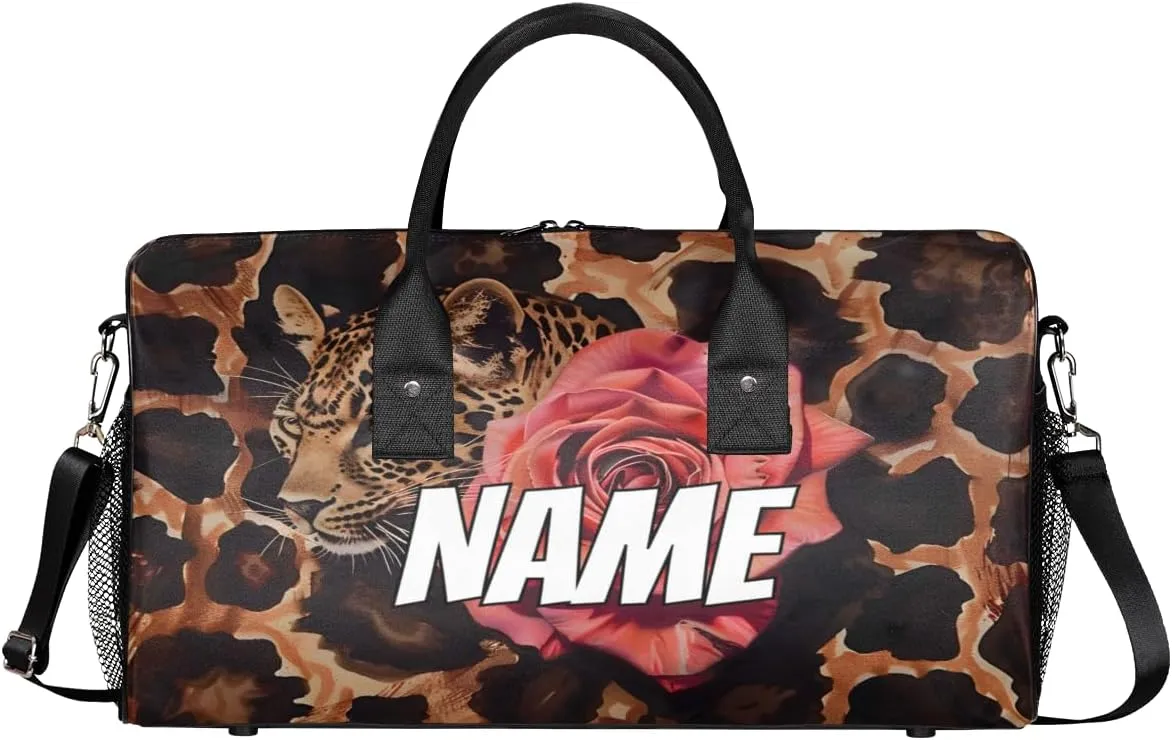 Personalized Leopard Rose Travel Duffel Bag with Name, Custom Gym Sport Bag Animal Skin Carry On Weekend Overnight Duffel Bag for Men Women