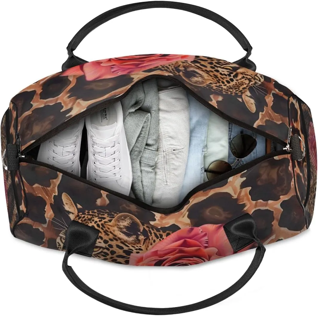 Personalized Leopard Rose Travel Duffel Bag with Name, Custom Gym Sport Bag Animal Skin Carry On Weekend Overnight Duffel Bag for Men Women