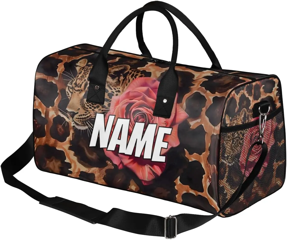 Personalized Leopard Rose Travel Duffel Bag with Name, Custom Gym Sport Bag Animal Skin Carry On Weekend Overnight Duffel Bag for Men Women