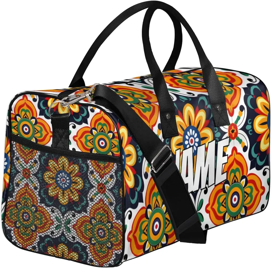 Personalized Mexican Floral Travel Duffel Bag with Name, Custom Gym Sport Bag Flower Retro Carry On Weekend Overnight Duffel Bag for Men Women