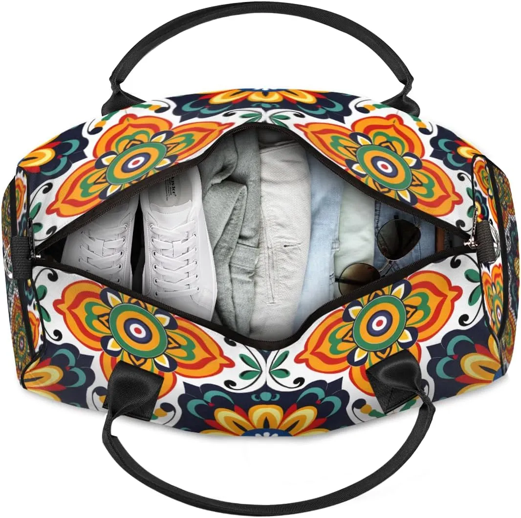Personalized Mexican Floral Travel Duffel Bag with Name, Custom Gym Sport Bag Flower Retro Carry On Weekend Overnight Duffel Bag for Men Women