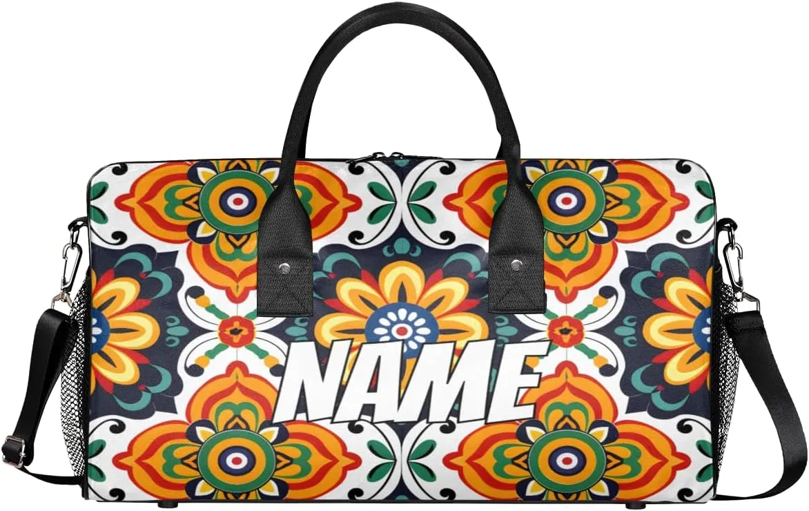 Personalized Mexican Floral Travel Duffel Bag with Name, Custom Gym Sport Bag Flower Retro Carry On Weekend Overnight Duffel Bag for Men Women