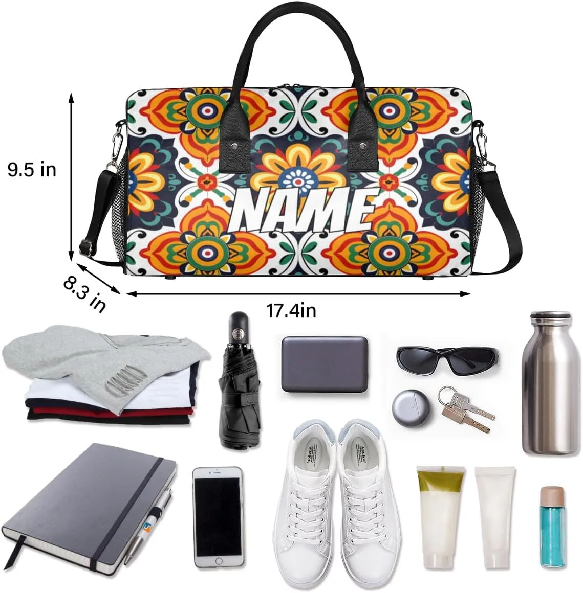 Personalized Mexican Floral Travel Duffel Bag with Name, Custom Gym Sport Bag Flower Retro Carry On Weekend Overnight Duffel Bag for Men Women