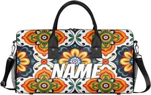 Personalized Mexican Floral Travel Duffel Bag with Name, Custom Gym Sport Bag Flower Retro Carry On Weekend Overnight Duffel Bag for Men Women