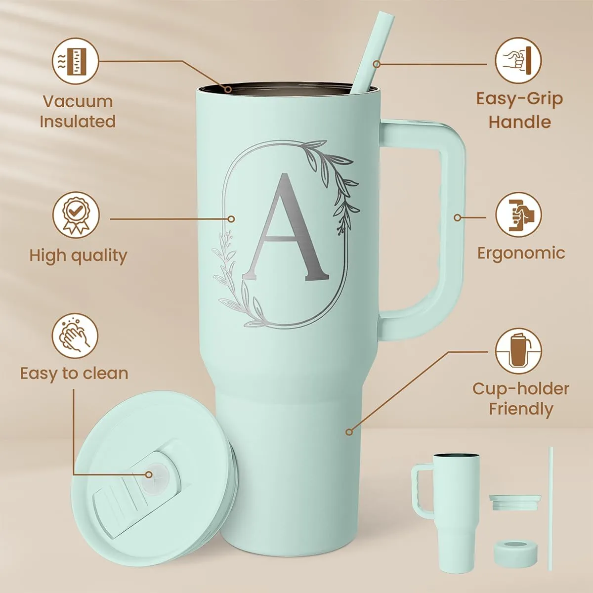 Personalized Monogrammed Tumbler with Handle 40oz, Letter A Tumblers Insulated Coffee Travel Cup, Custom Initial Gift for Women Girls Friends, Monogram Gift for Christmas Birthday Mothers Day