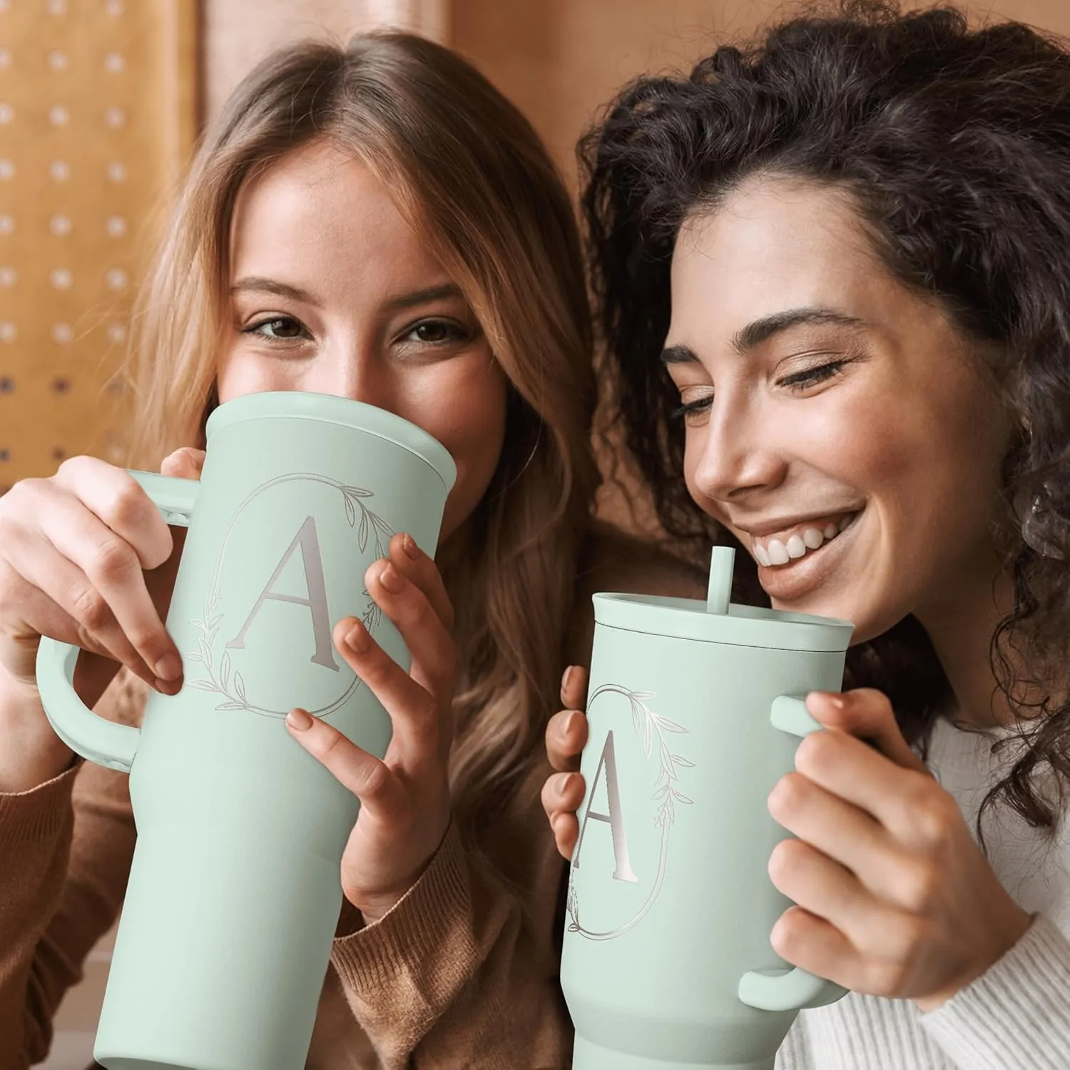 Personalized Monogrammed Tumbler with Handle 40oz, Letter A Tumblers Insulated Coffee Travel Cup, Custom Initial Gift for Women Girls Friends, Monogram Gift for Christmas Birthday Mothers Day