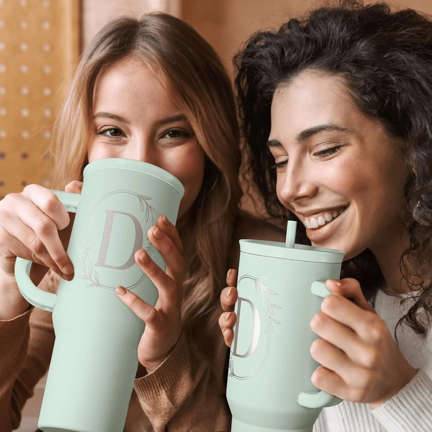 Personalized Monogrammed Tumbler with Handle 40oz, Letter D Tumblers Insulated Coffee Travel Cup, Custom Initial Gift for Women Girls Friends, Monogram Gift for Christmas Birthday Mothers Day