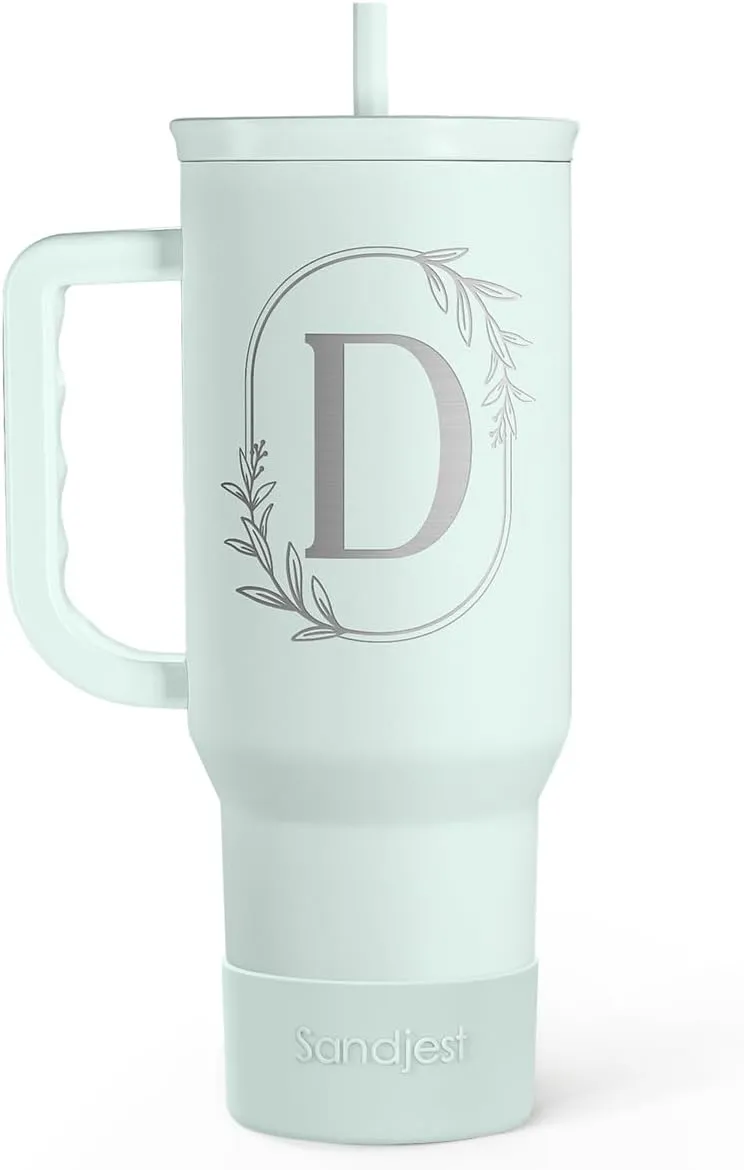 Personalized Monogrammed Tumbler with Handle 40oz, Letter D Tumblers Insulated Coffee Travel Cup, Custom Initial Gift for Women Girls Friends, Monogram Gift for Christmas Birthday Mothers Day