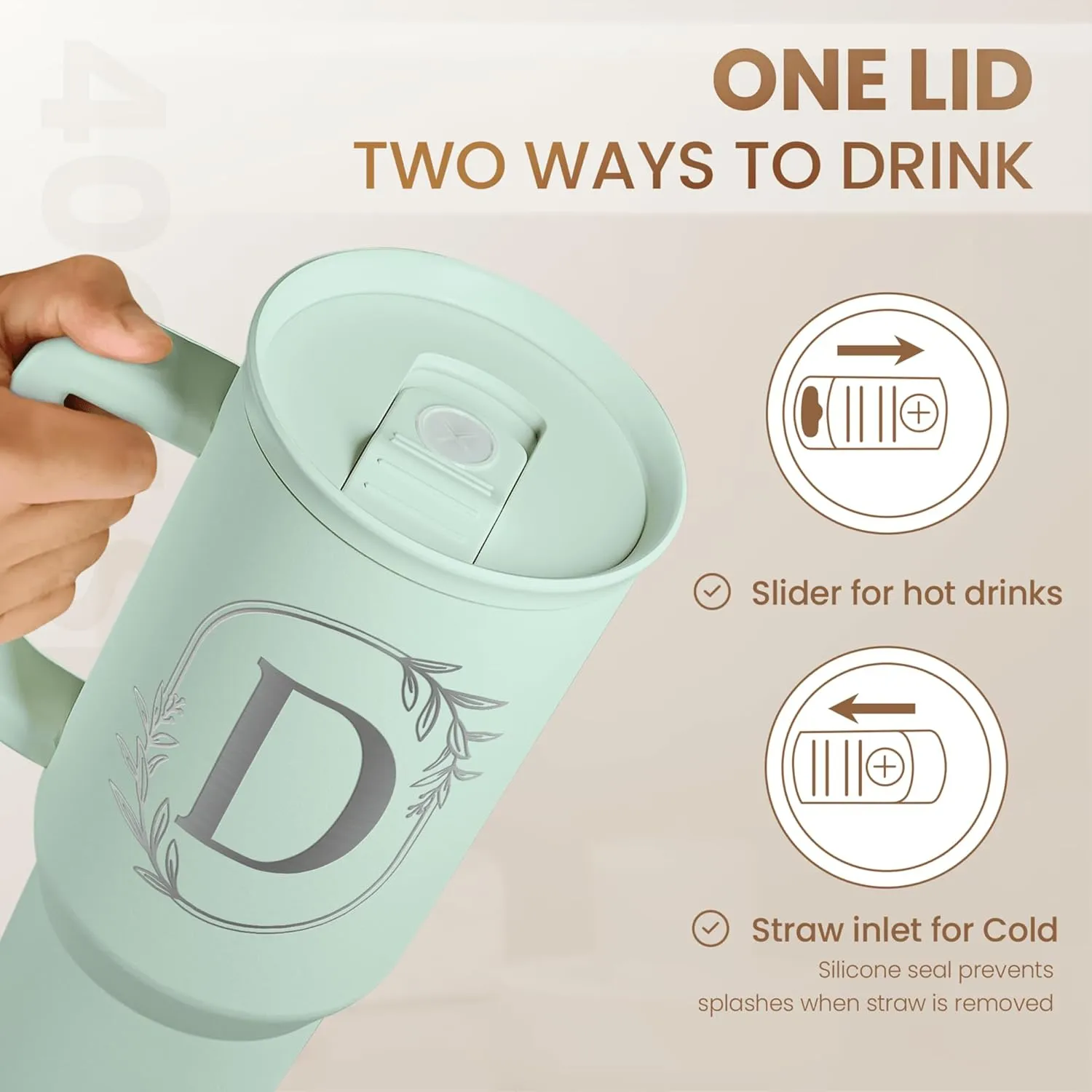 Personalized Monogrammed Tumbler with Handle 40oz, Letter D Tumblers Insulated Coffee Travel Cup, Custom Initial Gift for Women Girls Friends, Monogram Gift for Christmas Birthday Mothers Day