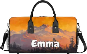 Personalized Nature Mountain Travel Duffel Bag with Name, Custom Gym Sport Bag Pine Tree Forest Carry On Weekend Overnight Duffel Bag for Men Women