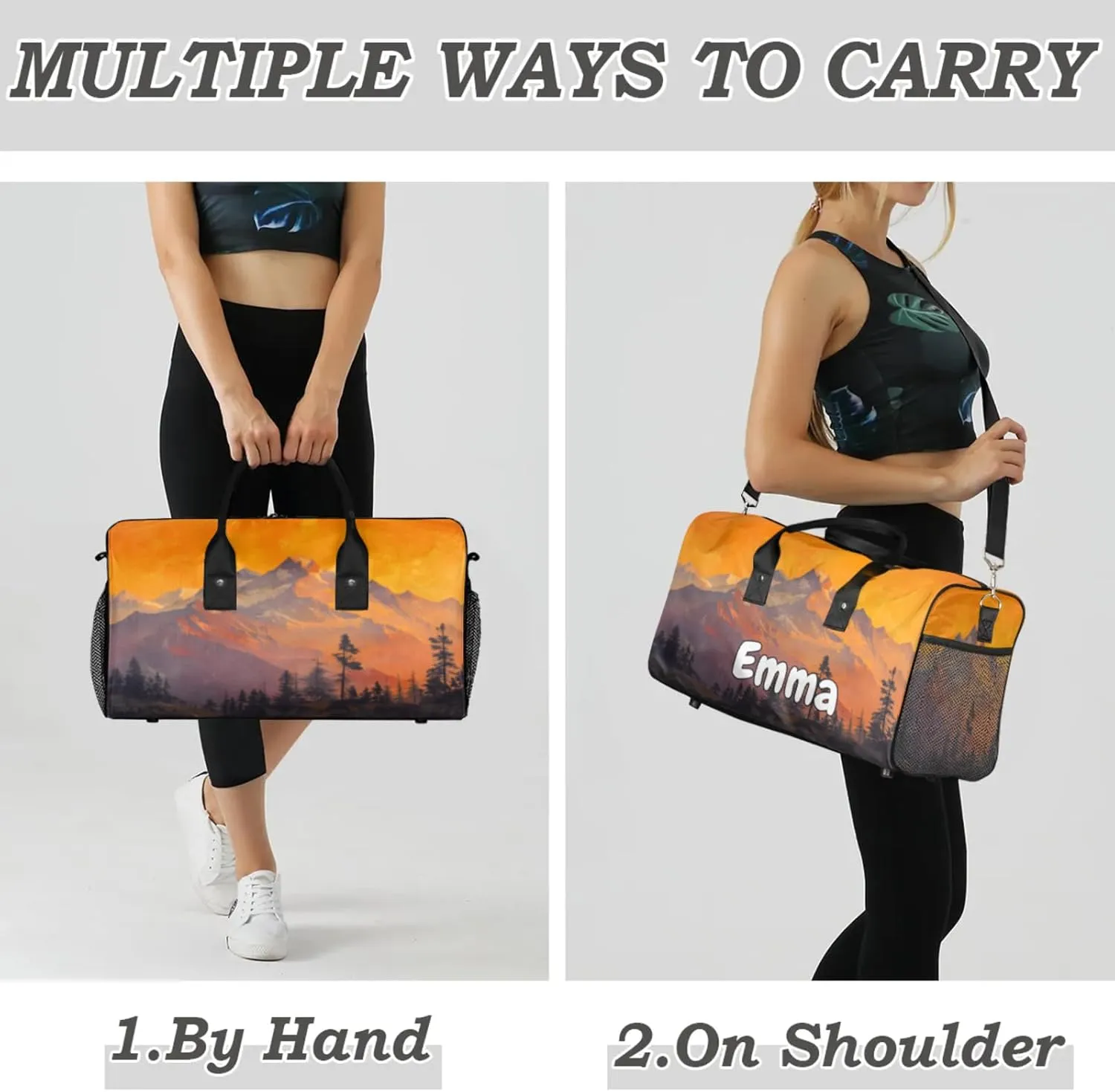 Personalized Nature Mountain Travel Duffel Bag with Name, Custom Gym Sport Bag Pine Tree Forest Carry On Weekend Overnight Duffel Bag for Men Women