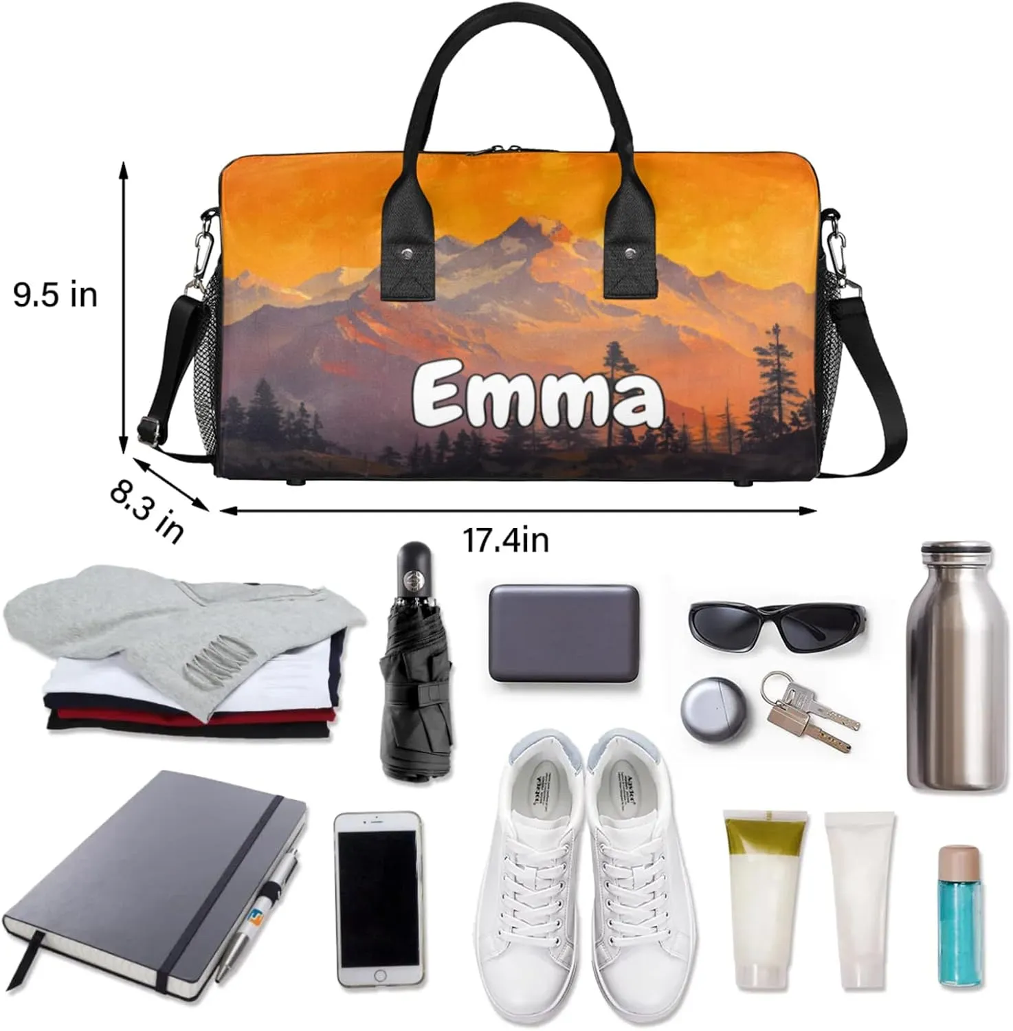Personalized Nature Mountain Travel Duffel Bag with Name, Custom Gym Sport Bag Pine Tree Forest Carry On Weekend Overnight Duffel Bag for Men Women