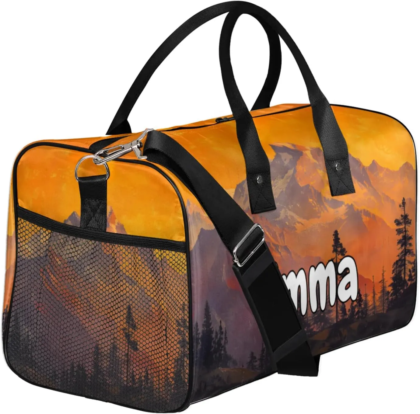 Personalized Nature Mountain Travel Duffel Bag with Name, Custom Gym Sport Bag Pine Tree Forest Carry On Weekend Overnight Duffel Bag for Men Women