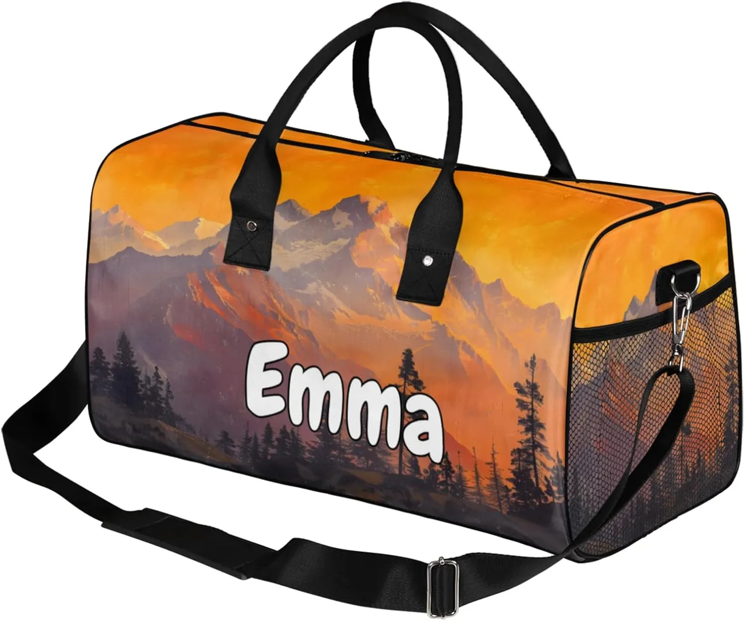 Personalized Nature Mountain Travel Duffel Bag with Name, Custom Gym Sport Bag Pine Tree Forest Carry On Weekend Overnight Duffel Bag for Men Women