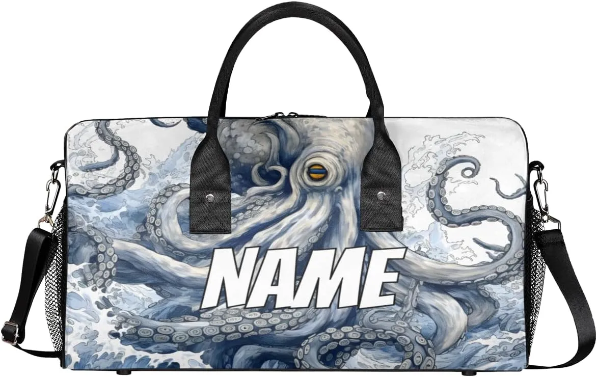 Personalized Ocean Octopus Travel Duffel Bag with Name, Custom Gym Sport Bag Natical Waves Carry On Weekend Overnight Duffel Bag for Men Women