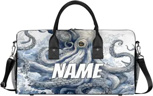 Personalized Ocean Octopus Travel Duffel Bag with Name, Custom Gym Sport Bag Natical Waves Carry On Weekend Overnight Duffel Bag for Men Women