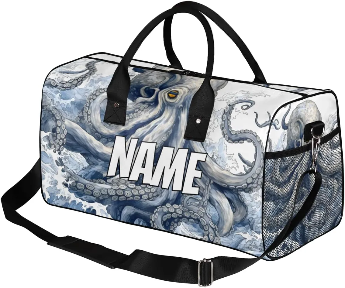 Personalized Ocean Octopus Travel Duffel Bag with Name, Custom Gym Sport Bag Natical Waves Carry On Weekend Overnight Duffel Bag for Men Women