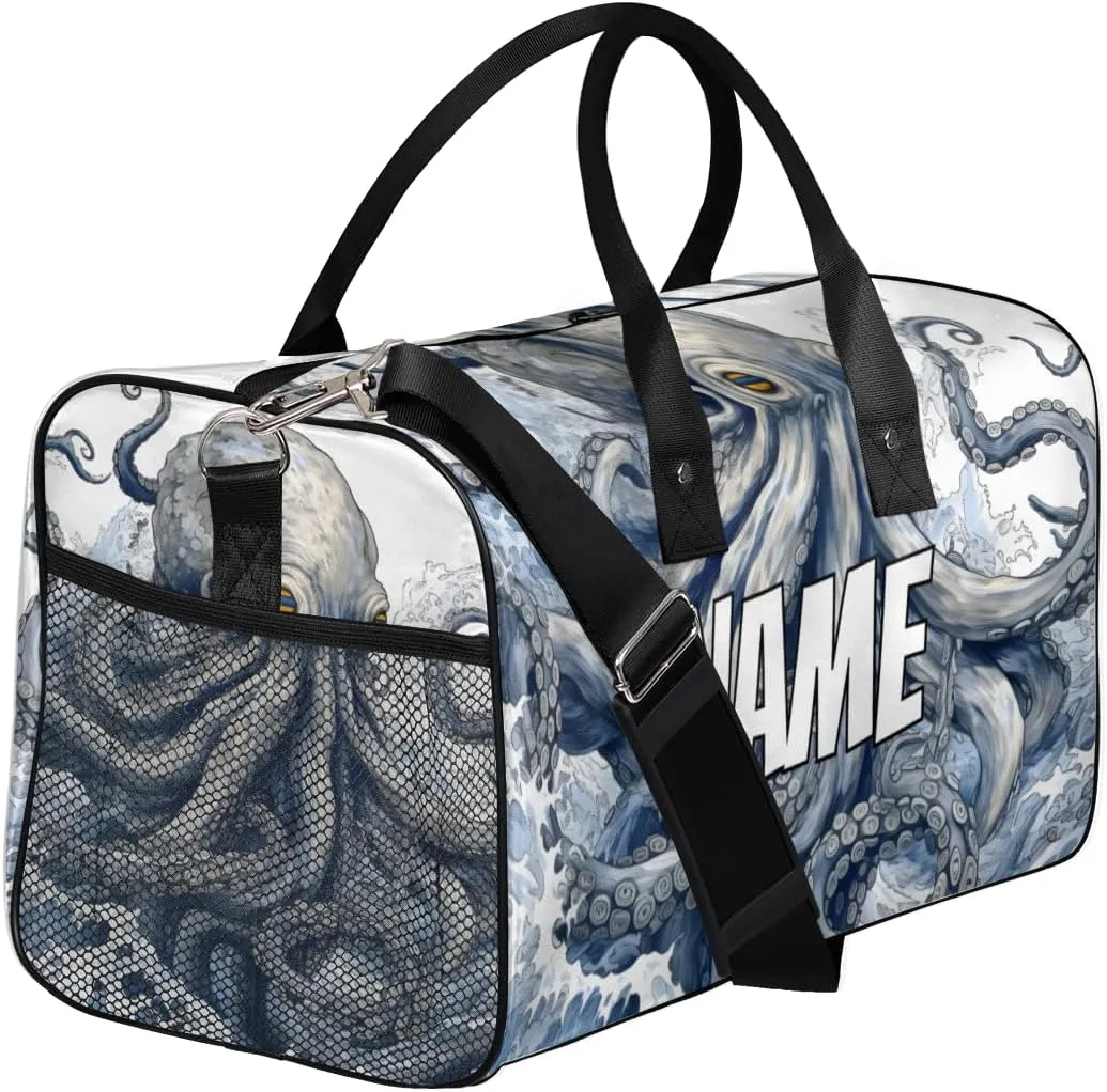 Personalized Ocean Octopus Travel Duffel Bag with Name, Custom Gym Sport Bag Natical Waves Carry On Weekend Overnight Duffel Bag for Men Women