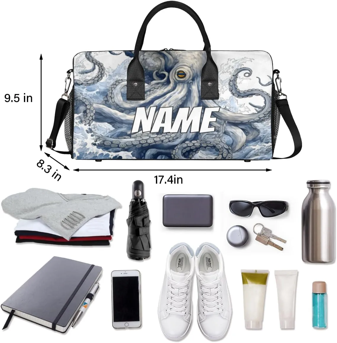 Personalized Ocean Octopus Travel Duffel Bag with Name, Custom Gym Sport Bag Natical Waves Carry On Weekend Overnight Duffel Bag for Men Women