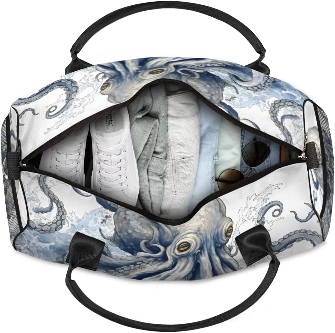Personalized Ocean Octopus Travel Duffel Bag with Name, Custom Gym Sport Bag Natical Waves Carry On Weekend Overnight Duffel Bag for Men Women