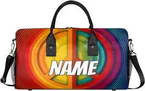 Personalized Peace Symbol Travel Duffel Bag with Name, Custom Gym Sport Bag Colorful Hippie Carry On Weekend Overnight Duffel Bag for Men Women