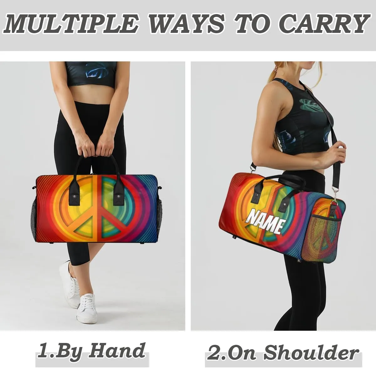 Personalized Peace Symbol Travel Duffel Bag with Name, Custom Gym Sport Bag Colorful Hippie Carry On Weekend Overnight Duffel Bag for Men Women