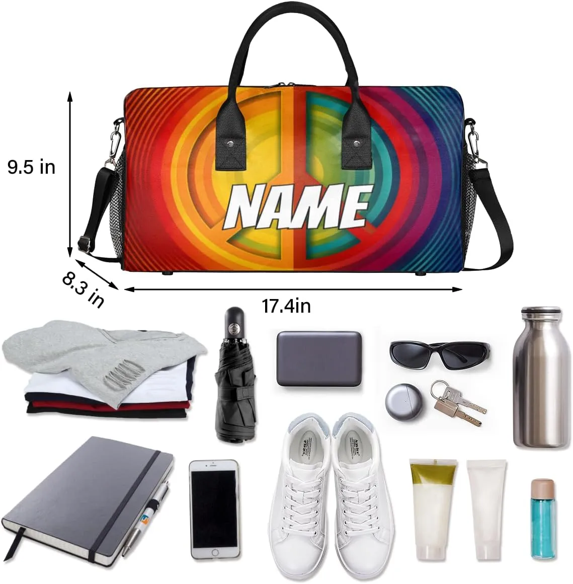 Personalized Peace Symbol Travel Duffel Bag with Name, Custom Gym Sport Bag Colorful Hippie Carry On Weekend Overnight Duffel Bag for Men Women