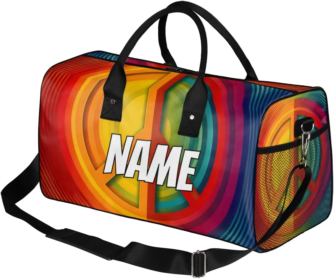 Personalized Peace Symbol Travel Duffel Bag with Name, Custom Gym Sport Bag Colorful Hippie Carry On Weekend Overnight Duffel Bag for Men Women