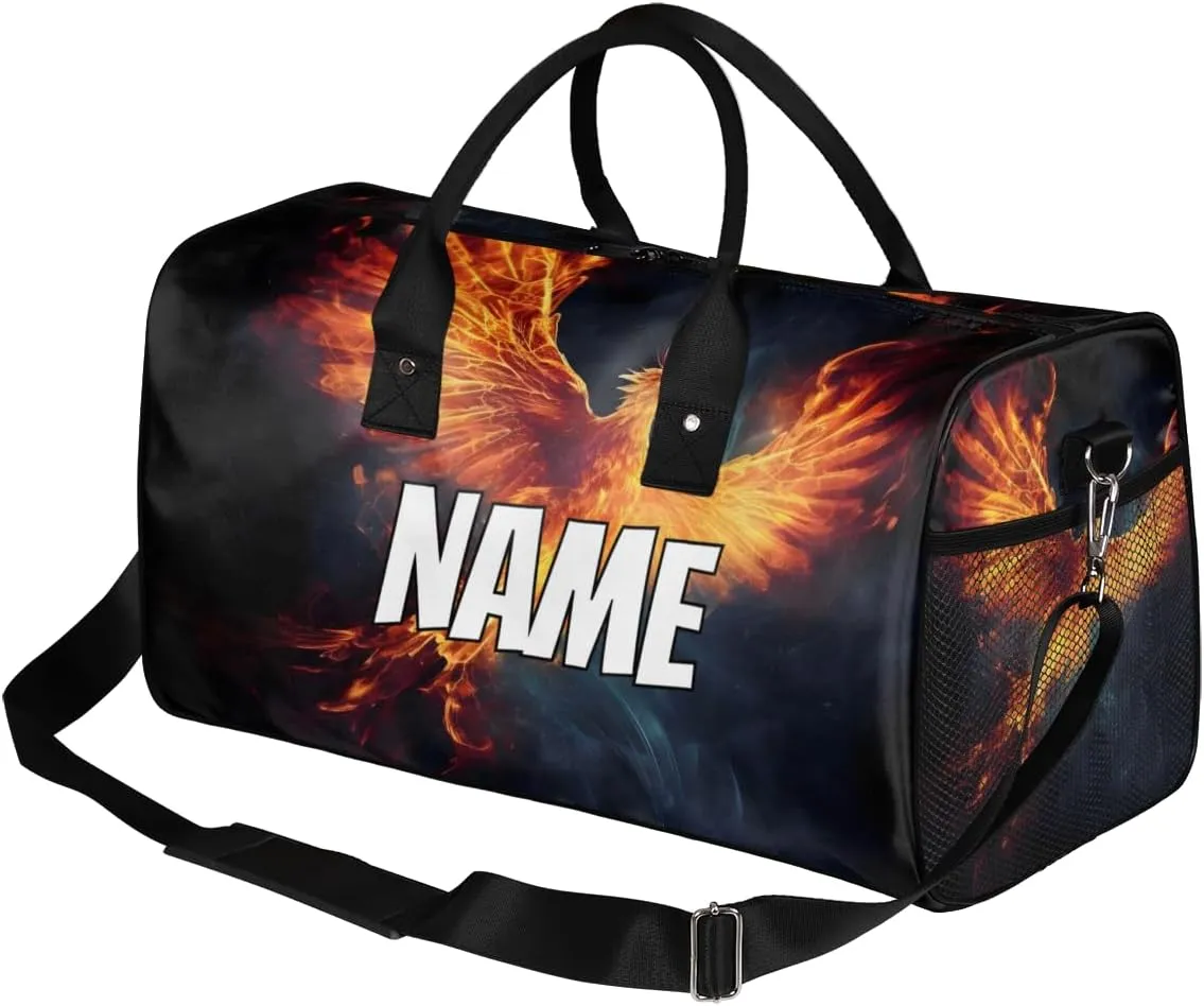Personalized Phoenix Travel Duffel Bag with Name, Custom Gym Sport Bag Cool Animal Carry On Weekend Overnight Duffel Bag for Men Women