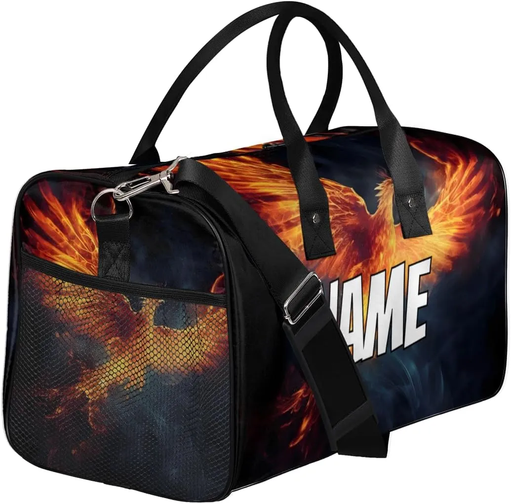 Personalized Phoenix Travel Duffel Bag with Name, Custom Gym Sport Bag Cool Animal Carry On Weekend Overnight Duffel Bag for Men Women