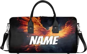 Personalized Phoenix Travel Duffel Bag with Name, Custom Gym Sport Bag Cool Animal Carry On Weekend Overnight Duffel Bag for Men Women