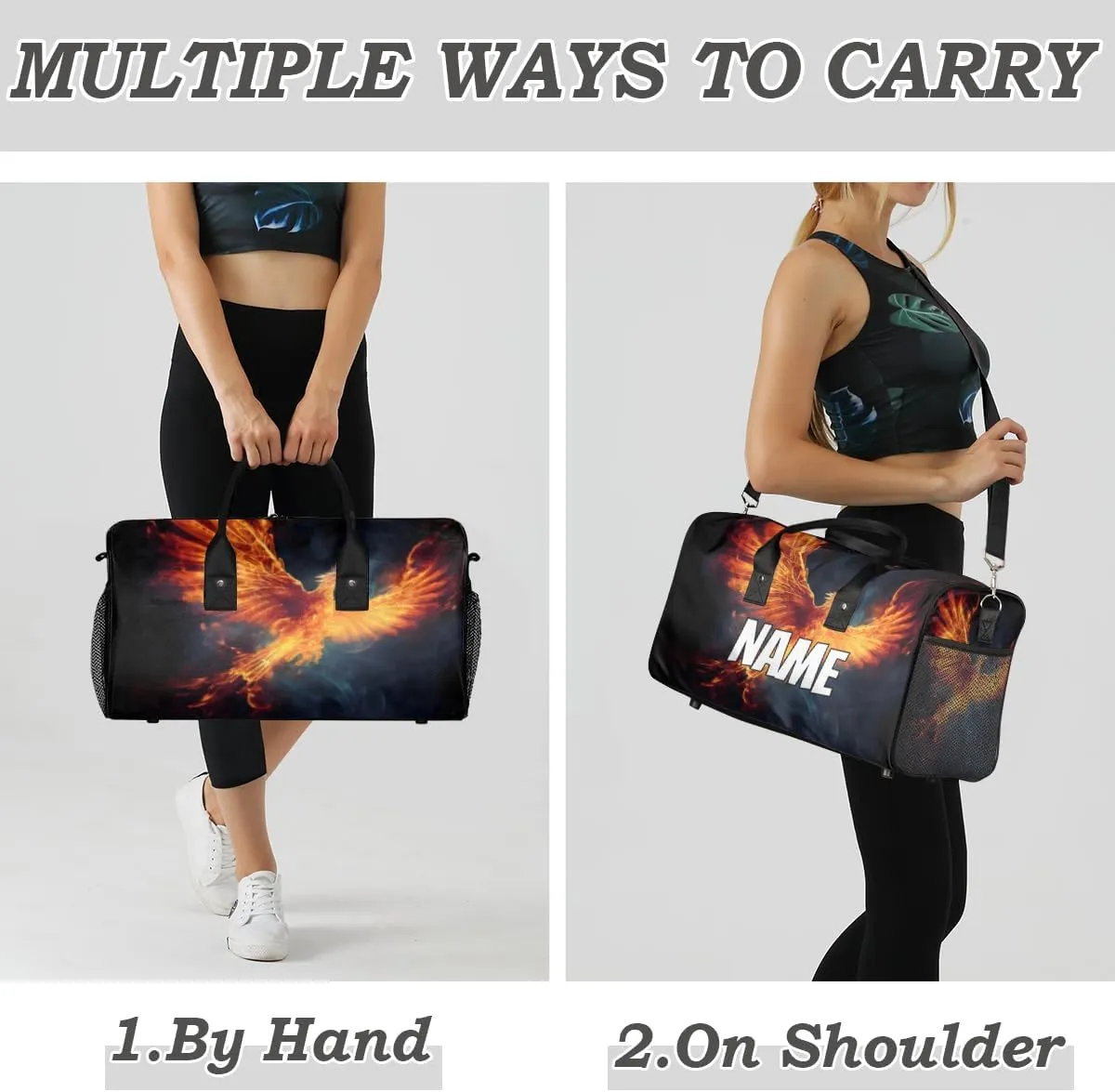 Personalized Phoenix Travel Duffel Bag with Name, Custom Gym Sport Bag Cool Animal Carry On Weekend Overnight Duffel Bag for Men Women